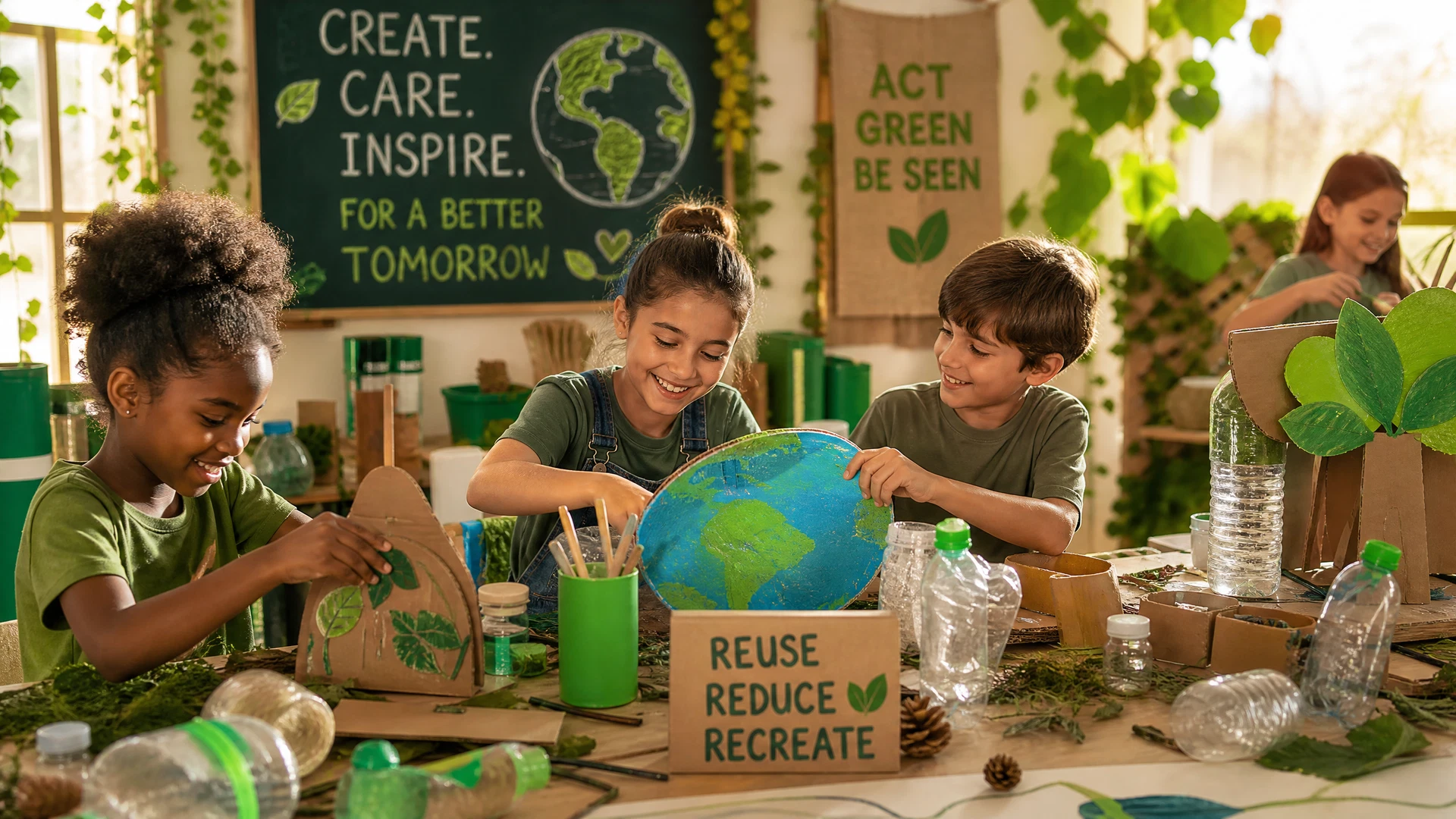 Bambini che creano con materiali riciclati